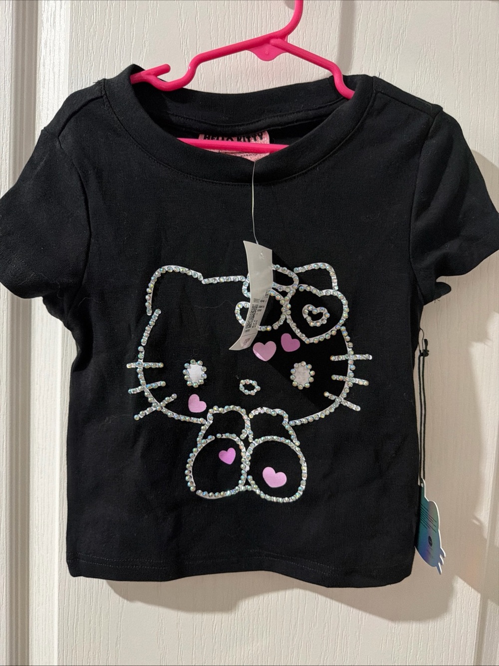 Hello Kitty Black Rhinestone Tee with Pink Heart Accents